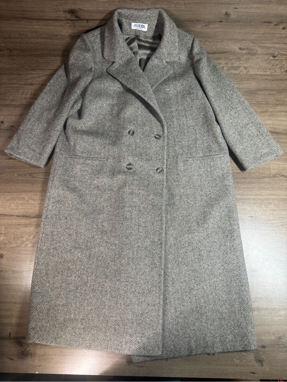 Vintage JG Hook 100% Wool Over Coat Womens XL Herringbone Double Breasted USA
